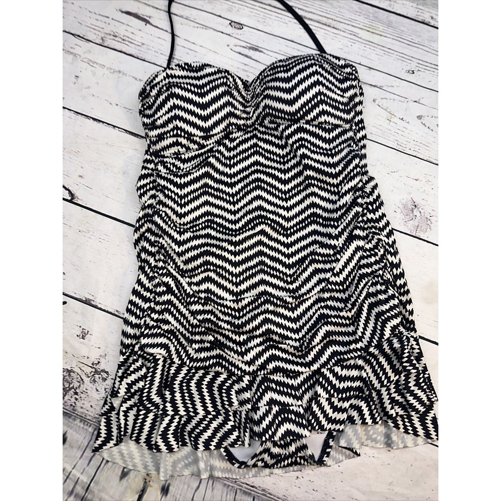 Apt. 9 Womens Black White Chevron Zig Zag Ruched Swimdress Halter Swimsuit L